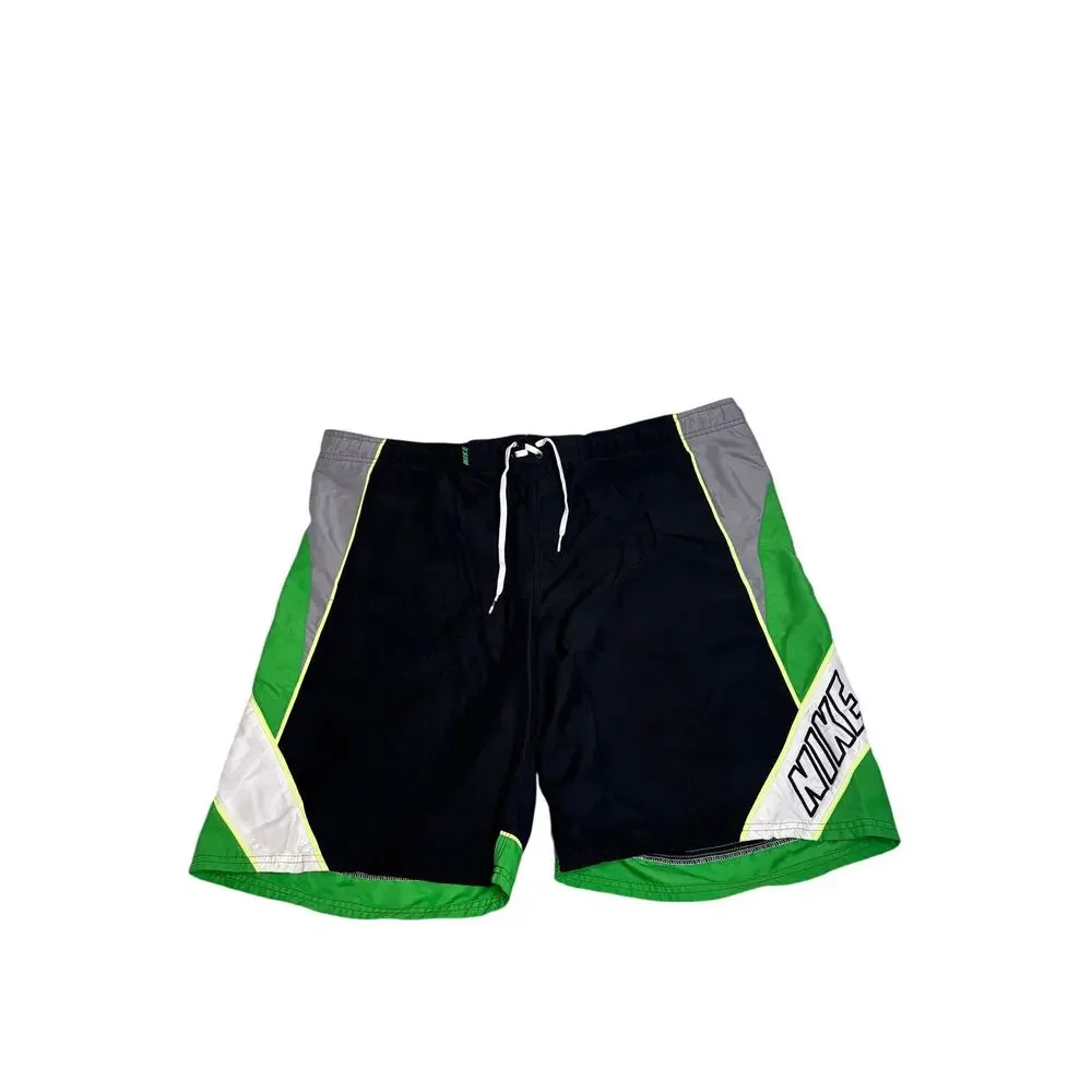 Vintage Nike Colorblock Swim Trunks Board Shorts Black Green Grey